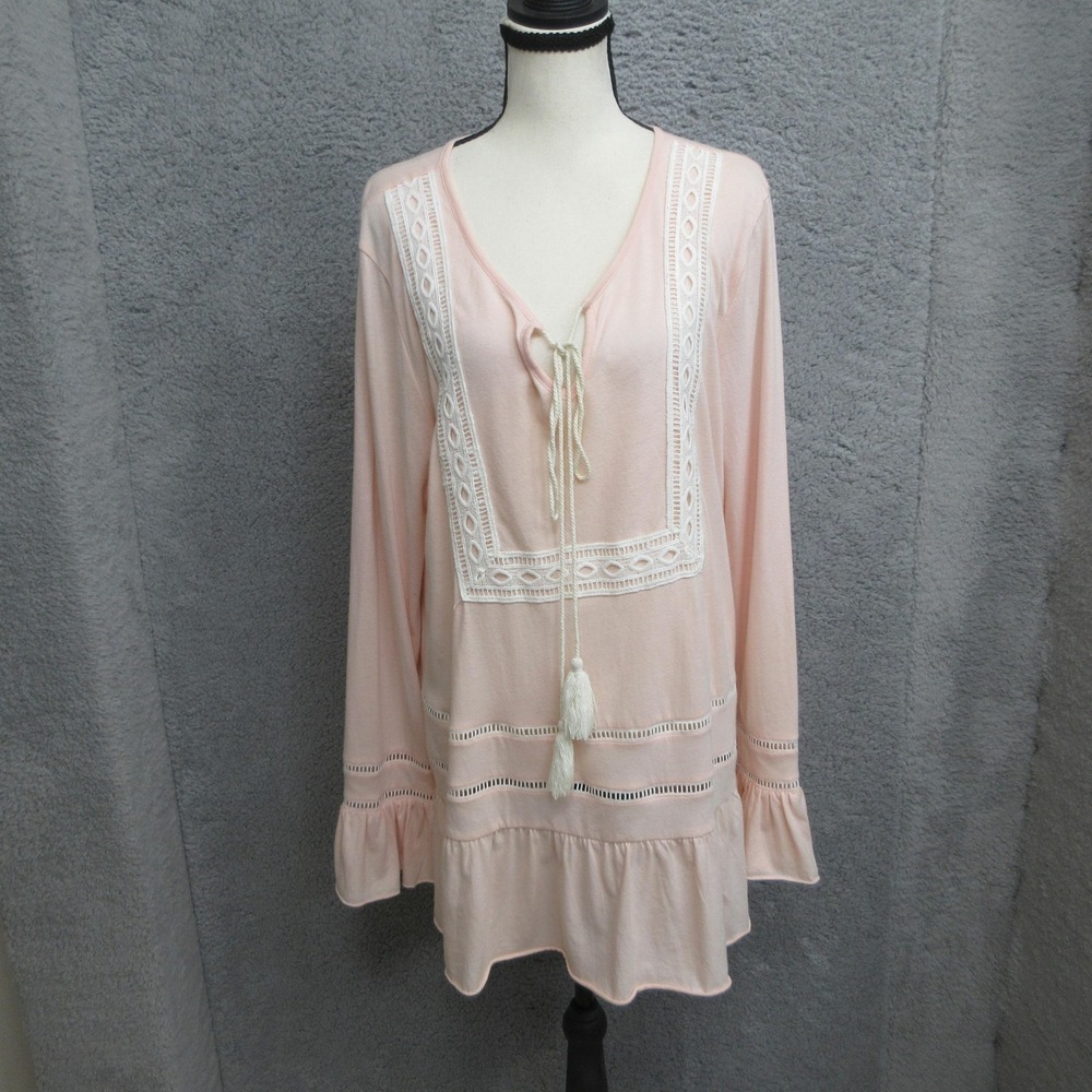 Hannah Boho Tunic Shirt Womens L Pink Crochet Tassel Tie Ruffle Hem Bell Sleeve